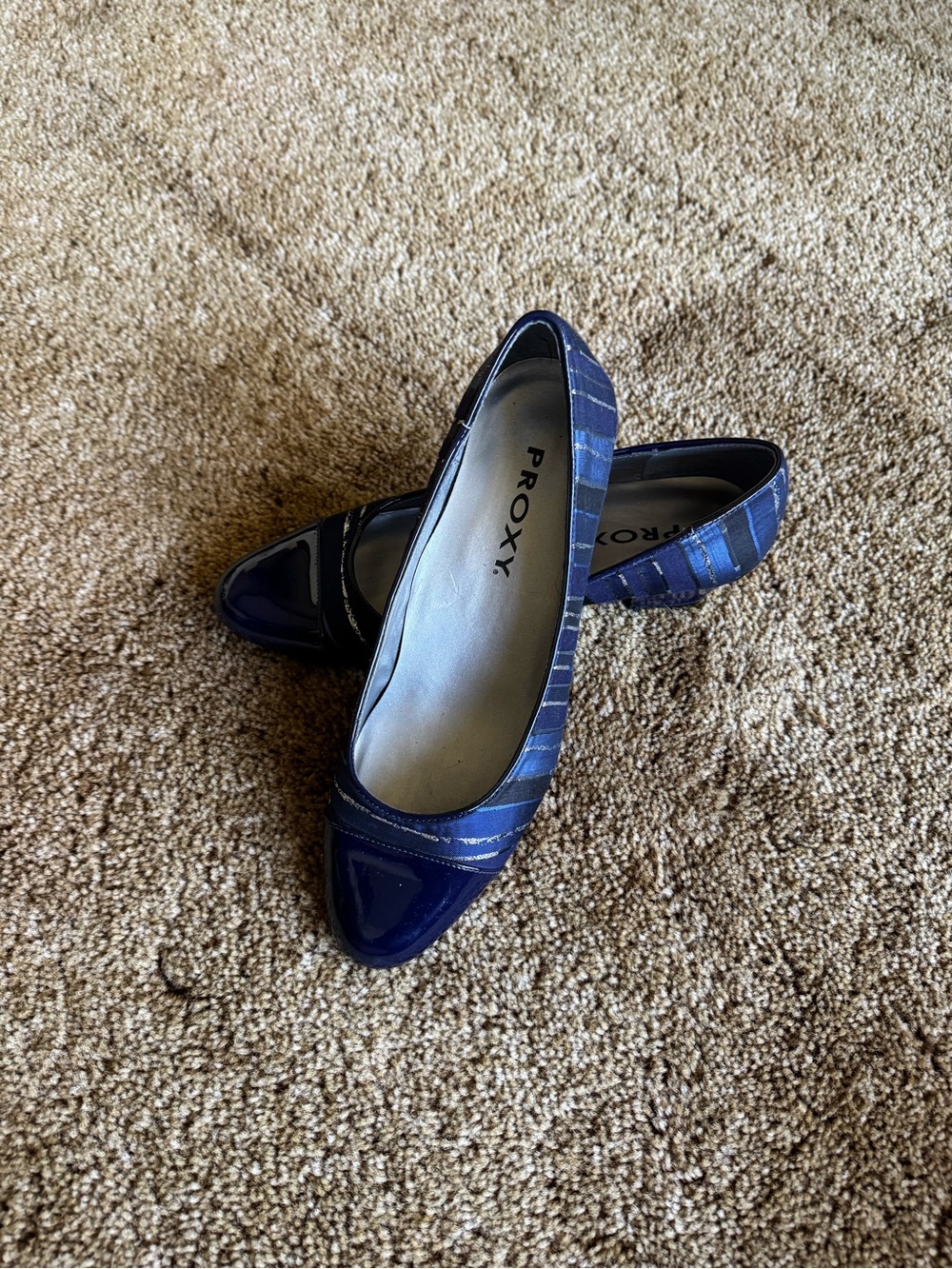Navy blue + silver shimmer Proxy low heels; excellent condition, worn once
